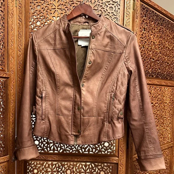 🚺 Anthropologie Hei Hei cognac brown vegan leather jacket - Picture 3 of 15